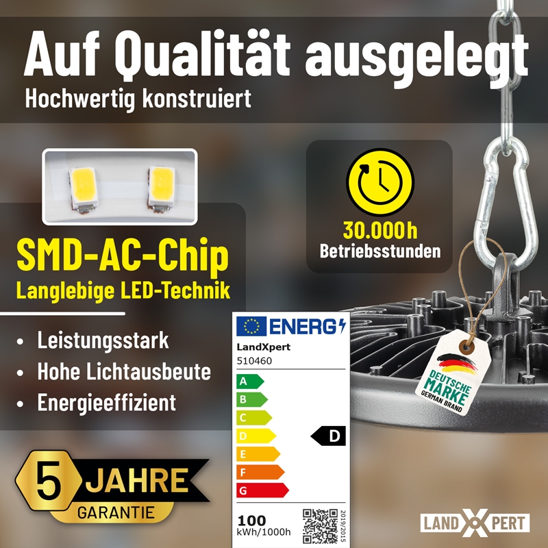 Großansicht der Bildergalerie Ein Werbefoto für den LandXpert 4x 100-W-LED-Hallenstrahler (12.000 lm, 5.000 K, IP65) zeigt Merkmale wie Langlebigkeit, SMD-AC-Chip, 30.000 h Lebensdauer, hohe Leistung, Energieeffizienz (Klasse C), 5 Jahre Garantie und „Deutsche Marke“-Qualität.