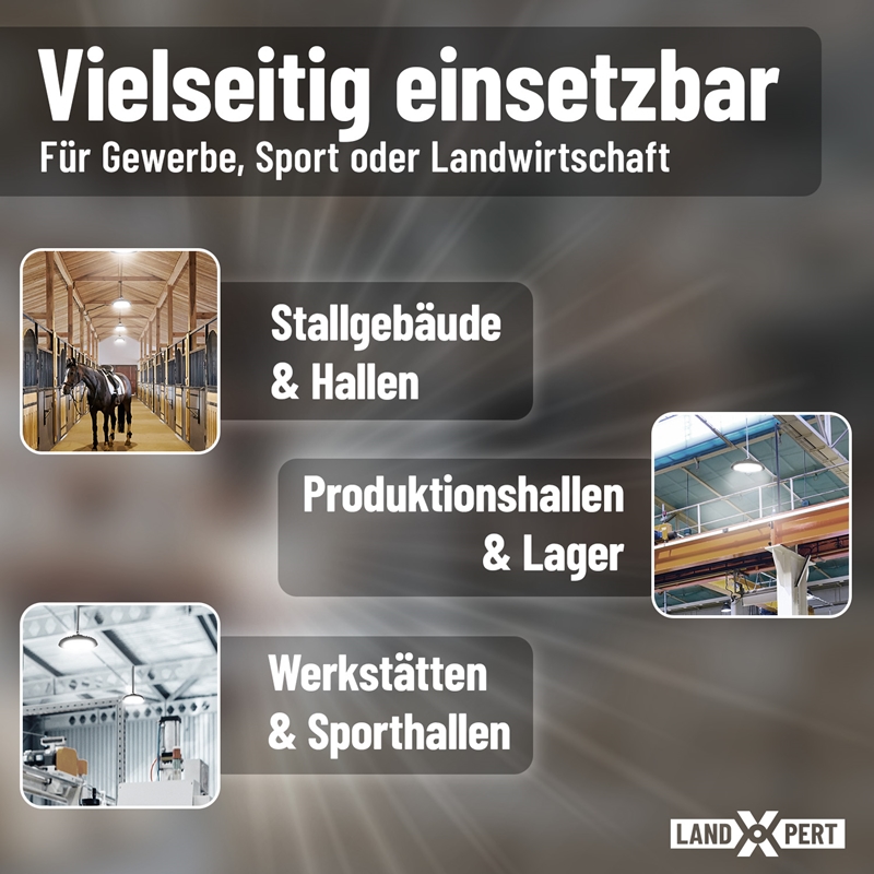Großansicht der Bildergalerie Werbegrafik mit dem Text „Vielseitig einsetzbar – Für Gewerbe, Sport oder Landwirtschaft“. In drei Feldern sind Abbildungen von Ställen/Hallen, Werkstätten/Sporthallen und Produktions-/Lagerhallen zu sehen (jeweils beschriftet). Abbildung von 4 LandXpert 100W LED-Hallenstrahlern (12.000 lm, 5.000 K Tageslichtweiß, IP65). Das LandXpert-Logo ist unten rechts zu sehen.