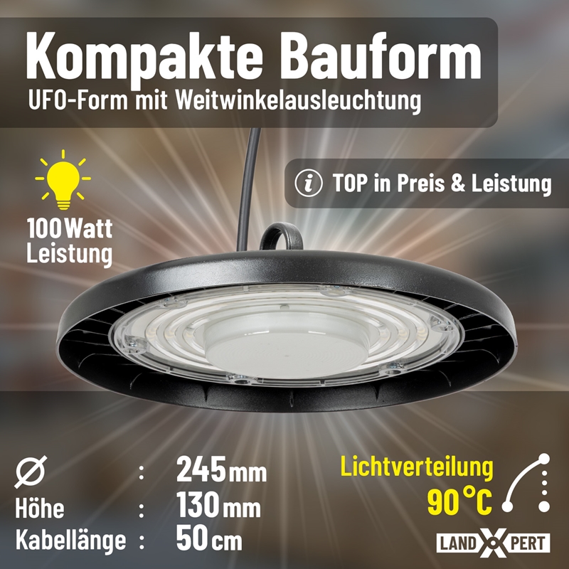 Großansicht der Bildergalerie Ein schwarzer, UFO-förmiger LandXpert 100W LED-Hallen-Strahler (12.000 lm, 5.000 K Tageslichtweiß, IP65) hängt an einem Kabel. Der deutsche Text hebt das kompakte Design, die Leistung von 100 W, den Abstrahlwinkel von 90° und die Abmessungen (245 mm breit x 130 mm hoch x 50 cm Kabel) hervor. Das LandXpert-Logo ist unten rechts zu sehen.