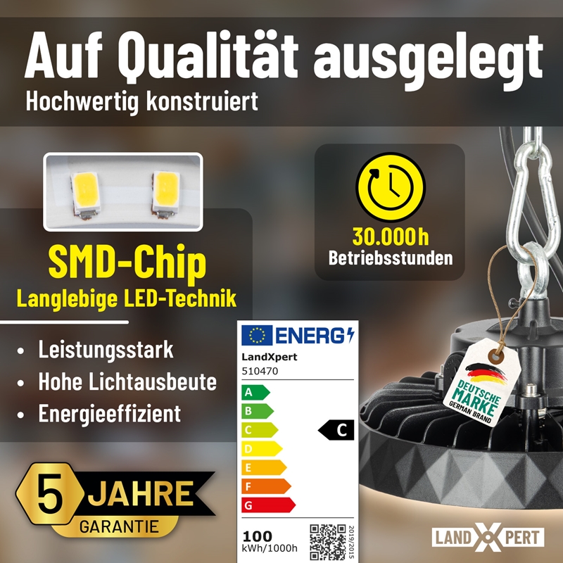 Werbefoto für 2x LandXpert 100 W LED-Hallenstrahler, dimmbar, mit SMD-Chip, 30.000 Stunden Lebensdauer, hoher Lichtleistung von 15.575 lm, 5000 K Tageslichtweiß, Schutzart IP65, hohem Wirkungsgrad und hoher Leistung. Enthält das Energieeffizienzlabel und eine Nahaufnahme der Leuchte.