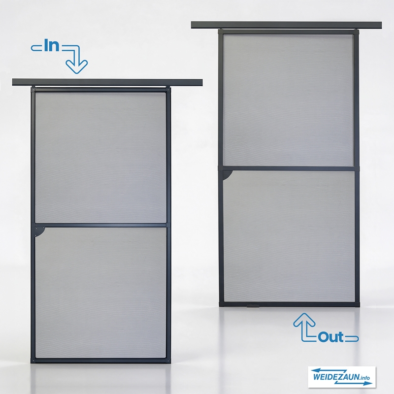 Großansicht der Bildergalerie Zwei Schiebetüren, 120 x 240 cm, anthrazitfarbene Schiebetüren mit dunklem Rahmen, dargestellt in geschlossener und geöffneter Position mit Richtungspfeilen, die mit rein und raus beschriftet sind.