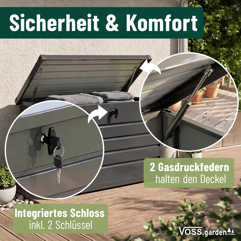 Großansicht der Bildergalerie VOSS.garden Gartenbox für Kissen und Gartenstüle, 120x61x63 cm, grau