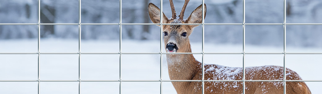 Auf einer verschneiten Weide steht ein Rehbock hinter einem Wildzaun